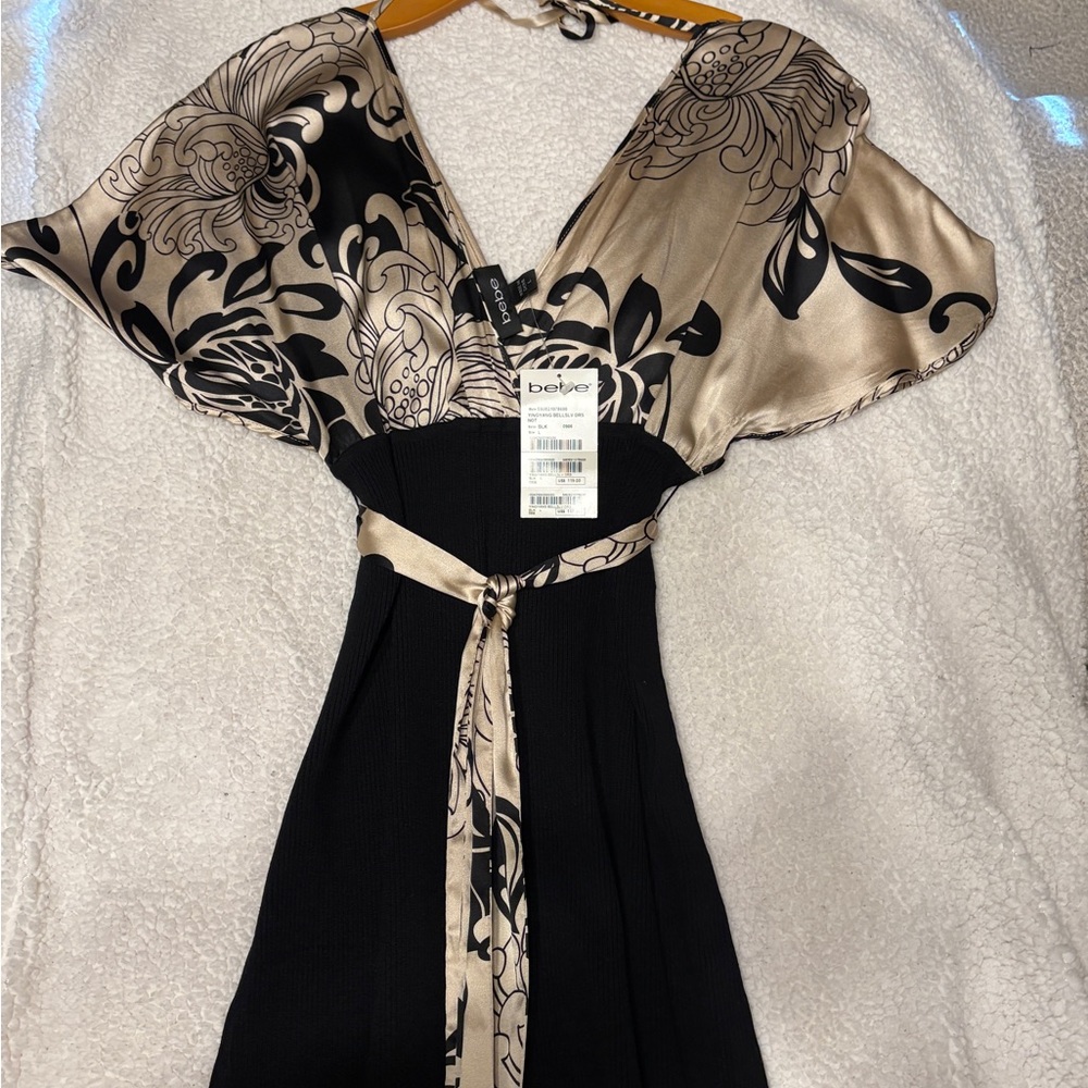 Bebe Elegant Black and Cream Floral Dress